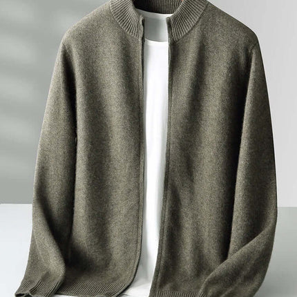Merino Crest Cardigan for men in olive green, showcasing seamless 100% merino wool design, perfect knitted sweater for winter warmth and comfort.