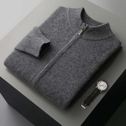 Merino Crest Cardigan folded, showcasing soft, warm, 100% merino wool; perfect men's winter sweater for layering and everyday wear.