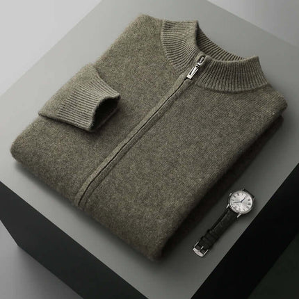 Merino Crest Cardigan displayed with full length zipper, crafted from 100% merino wool for men, showcasing soft, warm, seamless winter style.