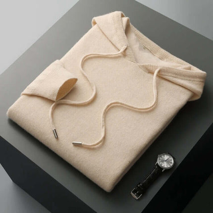 Monaco Hoodie in soft merino wool, showcasing seamless design and comfort, perfect for men's winter knitwear and everyday layering.