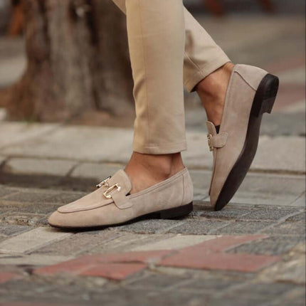 Montaro Suede Loafers showcasing elegant slip-on design and gold accents, perfect for men's formal style and all-day comfort.