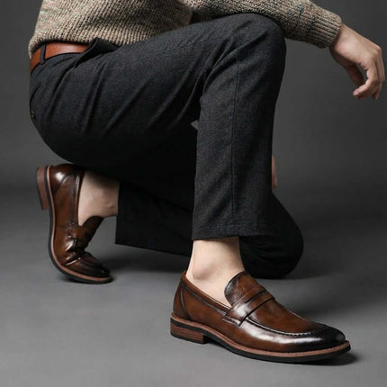 Montovani Leather Penny Loafers - elegant men's slip-on leather shoes ideal for formal and smart-casual styles, showcasing luxury and comfort.