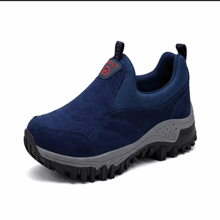 Blue non-slip outdoor walking shoes with rugged sole for comfort and all-day support.
