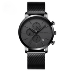 Front view of Obsidian Chrono 44 Watch with monochrome dial, highlighting stainless steel case and mesh band, limited edition.
