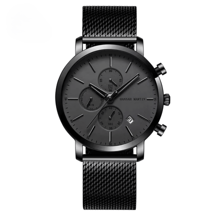 Front view of Obsidian Chrono 44 Watch with monochrome dial, highlighting stainless steel case and mesh band, limited edition.