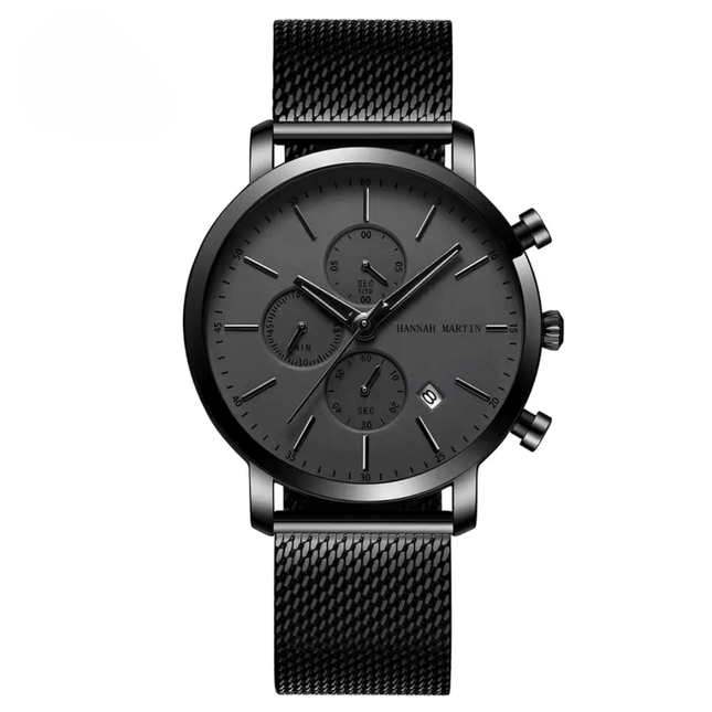 Front view of Obsidian Chrono 44 Watch with monochrome dial, highlighting stainless steel case and mesh band, limited edition.