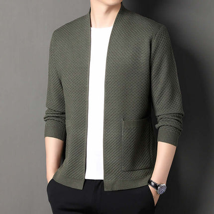 Orvieto Cardigan for men featuring a warm wool-blend fabric, geometric knit pattern, open front design, and functional pockets. Ideal winter knitwear.