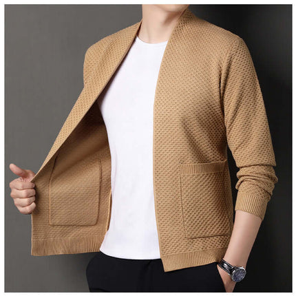 Orvieto Cardigan - men's winter sweater with warm wool-blend, geometric knit, open front, ideal for cozy winter layering and everyday comfort.
