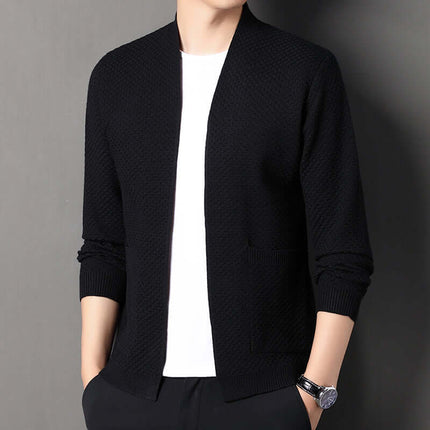 Stylish Orvieto Cardigan for men in black wool-blend fabric with geometric knit, perfect for cozy winter layering and everyday wear.