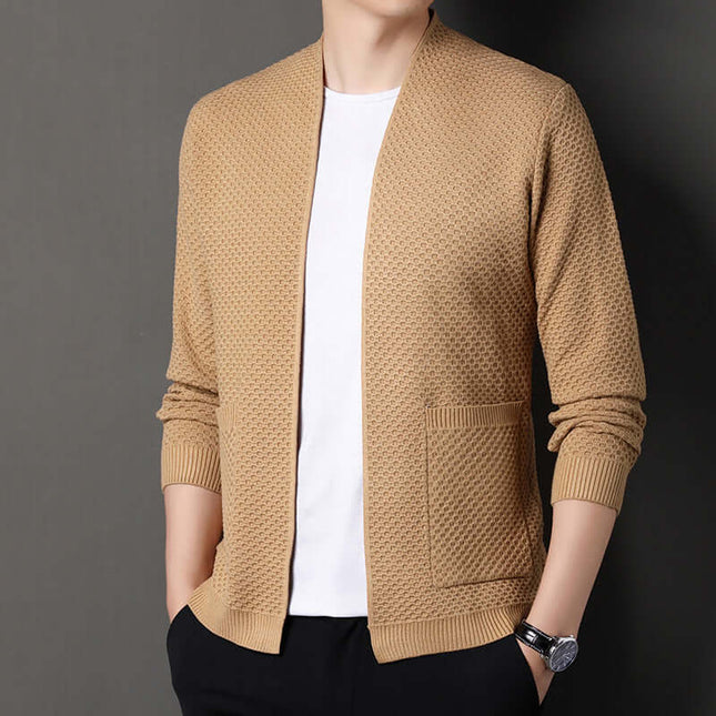 Orvieto Cardigan - men's winter sweater with a warm, cozy geometric knit and open front, ideal for layering in soft wool-blend fabric.