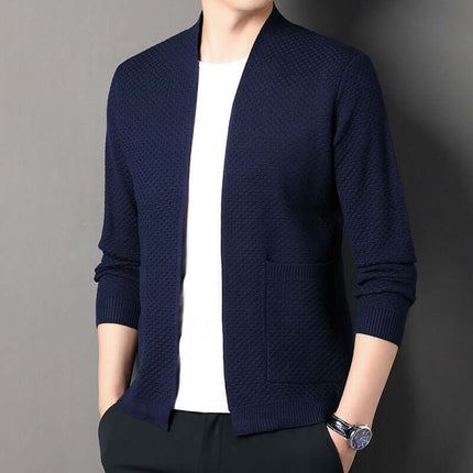 Orvieto Cardigan in navy blue, showcasing geometric knit, open front, ribbed cuffs, and pockets. Ideal men's winter sweater for warmth and layering.