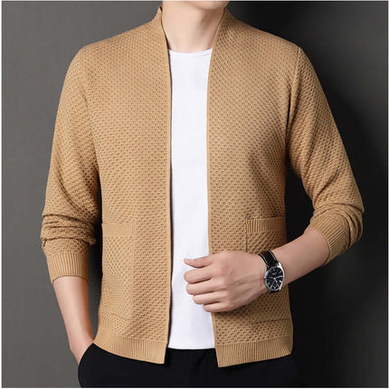 Orvieto Cardigan showcasing warm wool-blend knit with a geometric pattern, open front design, perfect for men's winter style and layering.