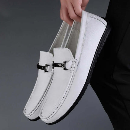 Pienza Genuine Leather Loafers with metallic detail, premium slip-on men’s shoes, perfect for formal occasions, luxury and comfort in white leather.
