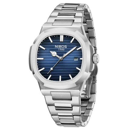 Elegant silver Rivano Prestige 40 quartz watch with blue dial and stainless steel bracelet.