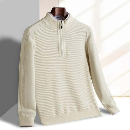 Renato Ribbed Sweater in cream, a wool-blend half-zip for men. Warm, cozy knitwear perfect for winter layering and everyday wear.