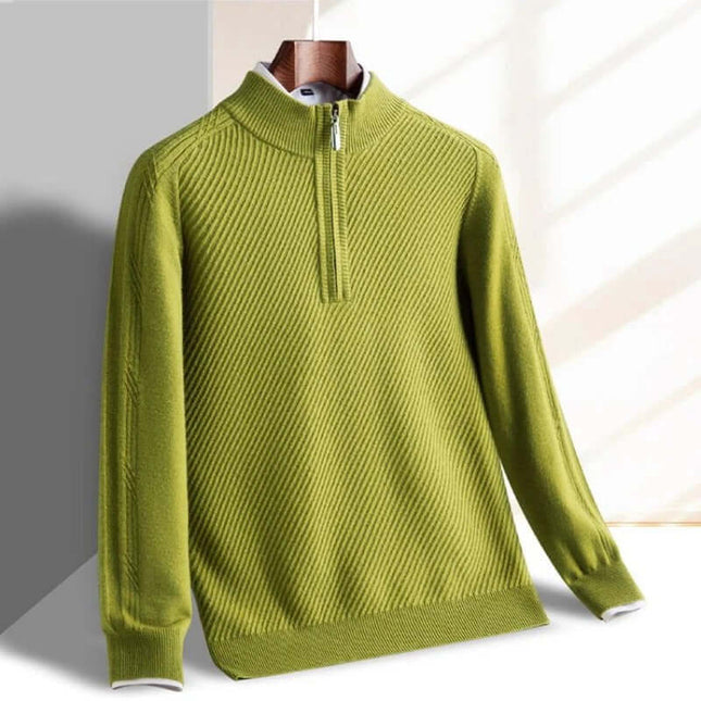 Renato Ribbed Sweater in green, men's winter knitwear with ribbed wool texture, tailored fit, and half-zip for warmth and comfort in cold weather.