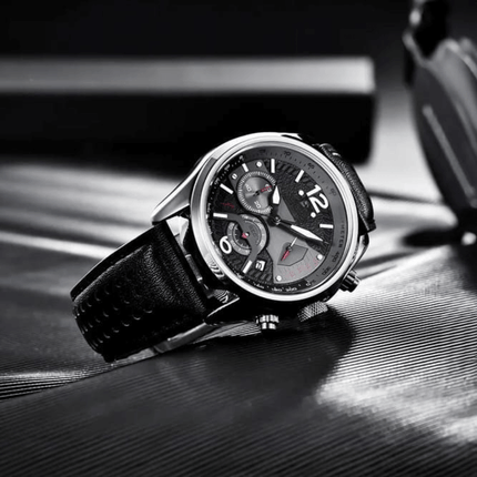 Rovanni Aero – Pilot Chronograph watch with black leather strap on sleek surface, showcasing intricate aviation-inspired design.