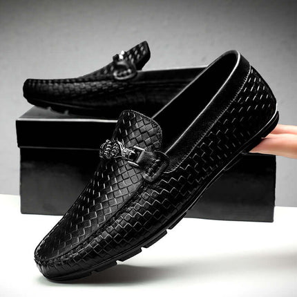 Sartoro Leather Loafers, textured luxury men's formal slip-on shoes with metal buckle, showcasing premium quality and elegance.