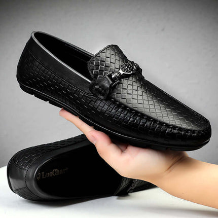Sartoro Leather Loafers with unique textured design and metal buckle, perfect for men seeking slip-on comfort and formal style in luxury leather.