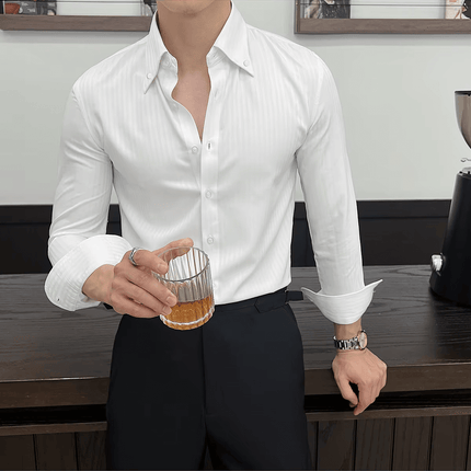 Savile Dress Shirt in action - men's casual shirts for modern style, breathable and soft fabric, ideal for work and social occasions.