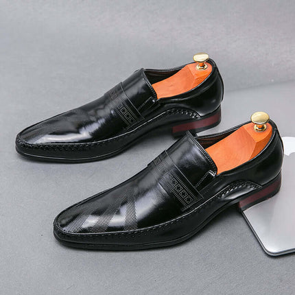 Silvano Leather Loafers in black Italian leather with patterned strap and side stitching, elegant men's slip-on formal luxury loafers.