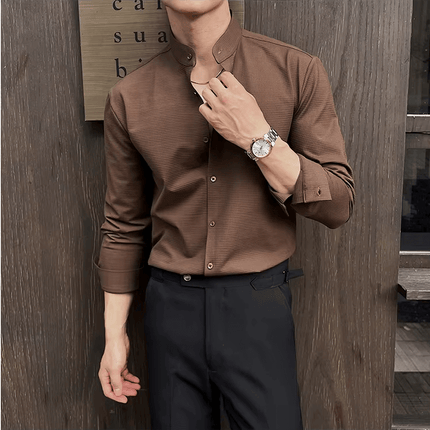 Model wearing a Sterling Dress Shirt, highlighting its modern style, breathable fabric, and comfortable fit for casual and social occasions.