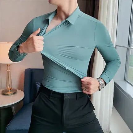 Stratford Dress Shirt stretching for a comfortable fit, showcasing versatility and modern style. Breathable fabric, perfect for work and social occasions.