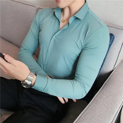 Man wearing Stratford Dress Shirt with modern, stylish fit showcasing breathable, wrinkle-resistant fabric ideal for casual and social occasions.