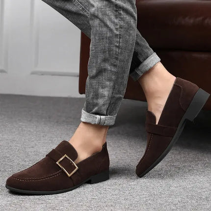 Men's Suede Signature Loafers with metal buckle, showcasing elegant slip-on design and luxury formal style.