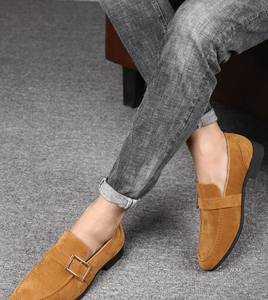 Suede Signature Loafers with metal buckle, men's luxury slip-on leather for formal occasions, showcasing elegance and comfort.