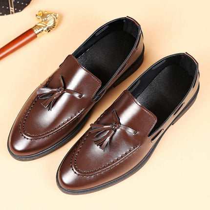 Valente Leather Tassel Loafers - Men's slip-on luxury formal loafers with tassel detail, showcasing elegance in brown synthetic leather.