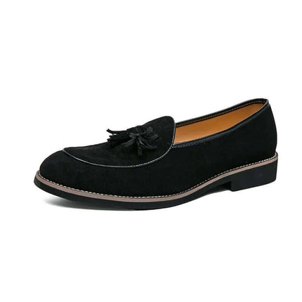 Valenti Italian Suede Loafers showcasing premium men's slip-on design with elegant tassel detailing and classic black Italian suede for formal elegance.