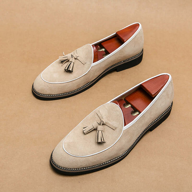 Valenti Italian Suede Loafers with tassels, showcasing premium suede, slip-on comfort, and a formal design for men.