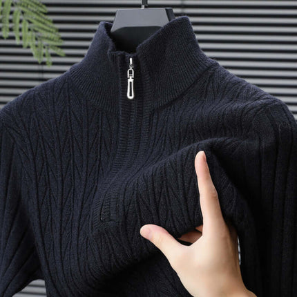 Valerio Quarter-Zip Sweater in soft wool-blend knit with mock neck and ribbed texture, perfect for men's winter knitwear and layered comfort.