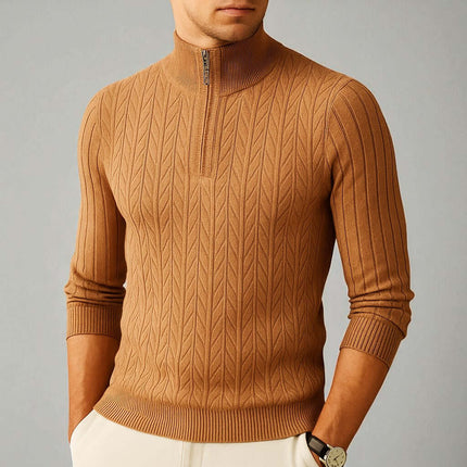 Valerio Quarter-Zip Sweater in brown with ribbed texture, offering warm, comfortable, and stylish winter wear for men.