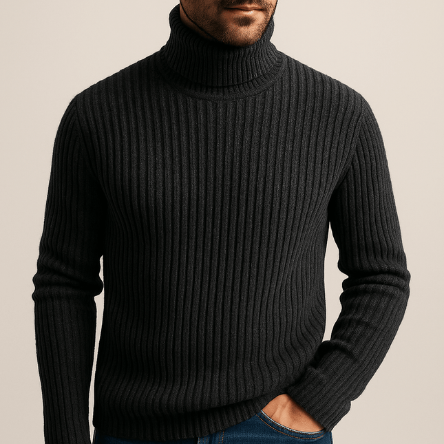Varezzi Turtleneck men's winter sweater in black, showcasing thick ribbed knit and structured collar. Warm, soft knitwear for cold weather style.