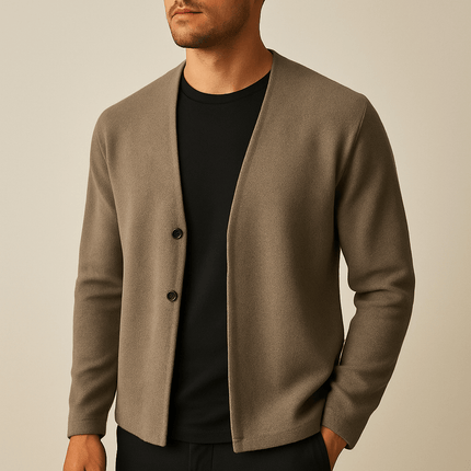 Vellano Knit Cardigan on a man showcasing warm men's winter knitwear, featuring a soft ribbed wool blend and decorative two-button detail.
