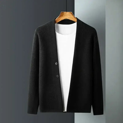 Vellano Knit Cardigan - men's winter sweater in soft ribbed wool, showcasing cosy warmth and tailored fit, perfect for layering and everyday wear.