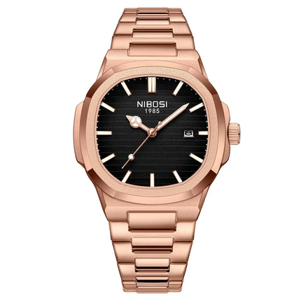 Veltron Milano 40 Rose Gold Watch featuring a bold black dial and elegant rose gold strap designed for durability and precision.