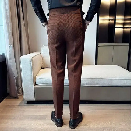 Rear view of Veneto Dress Pants showcasing waffle weave pattern and adjustable side tabs, perfect men's casual trousers for comfort and style.