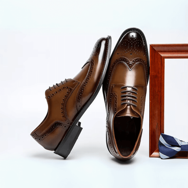 Vicenza Dress Shoes - Genuine leather brogues with wingtip perforations and glossy finish, perfect for the modern gentleman.
